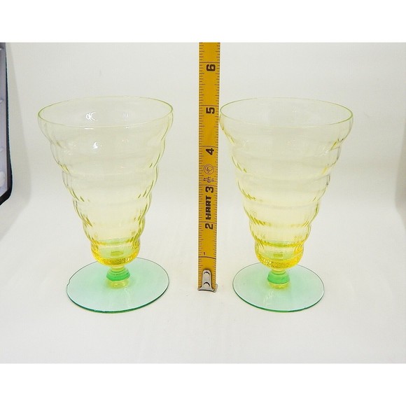 Utility Glass Works Cambodia Ware Vaseline Green Foot Ice Tea Water Goblet Set 4 - Picture 2 of 16
